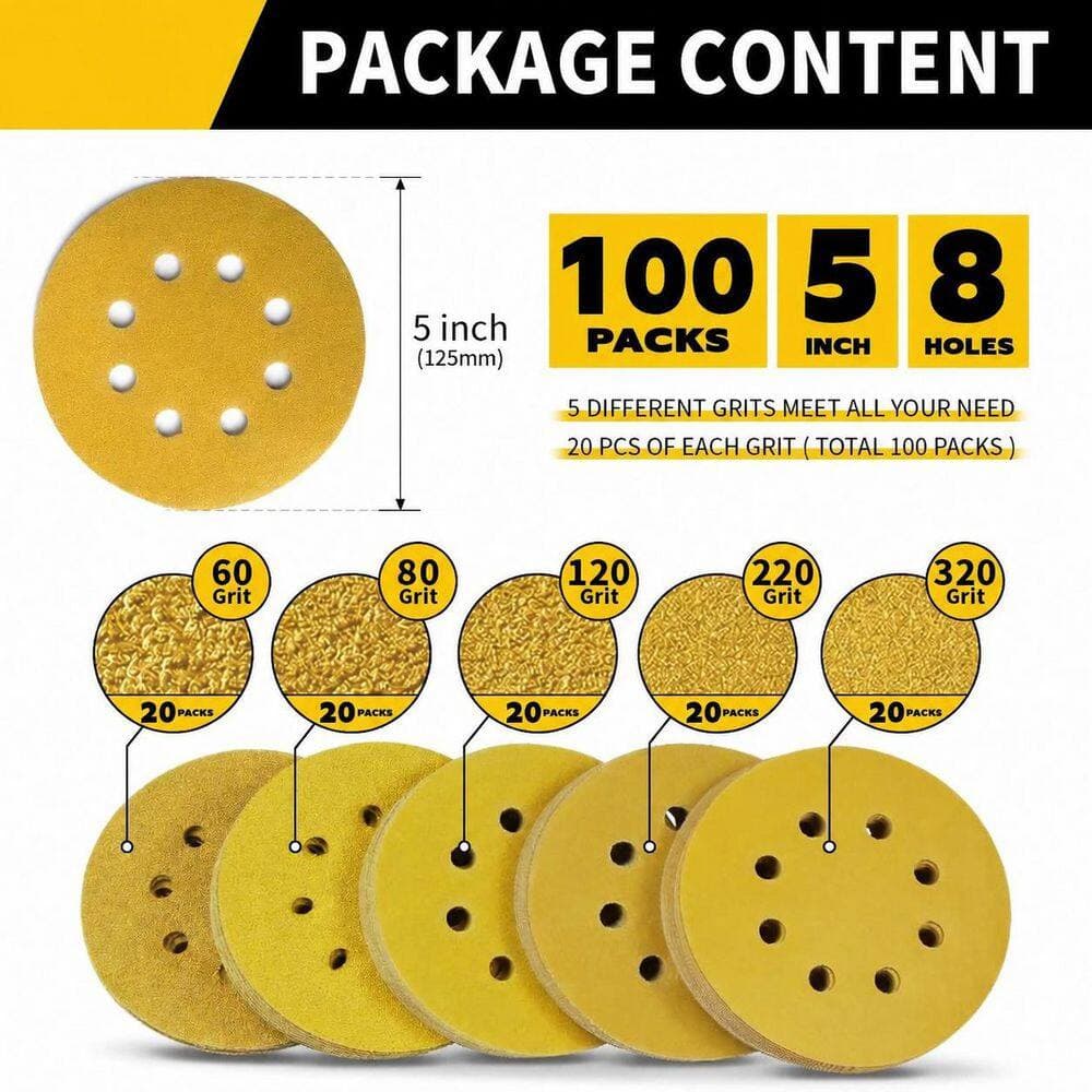 LAIFUCAM 5 in. 8 Hole Sanding Discs with Hook and Loop Backing Mixed Grits 60 80 120 220 320 Efficient Dust Extraction 100-Pieces (2)