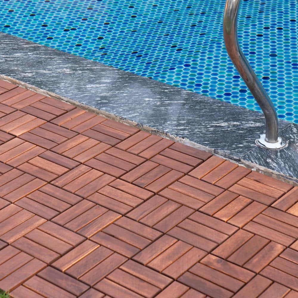 GOGEXX 12 in. x 12 in. Checker Pattern Acacia Wood Interlocking Flooring Deck Tiles Square Outdoor Patio Brown Pack of 20 Tiles (2)