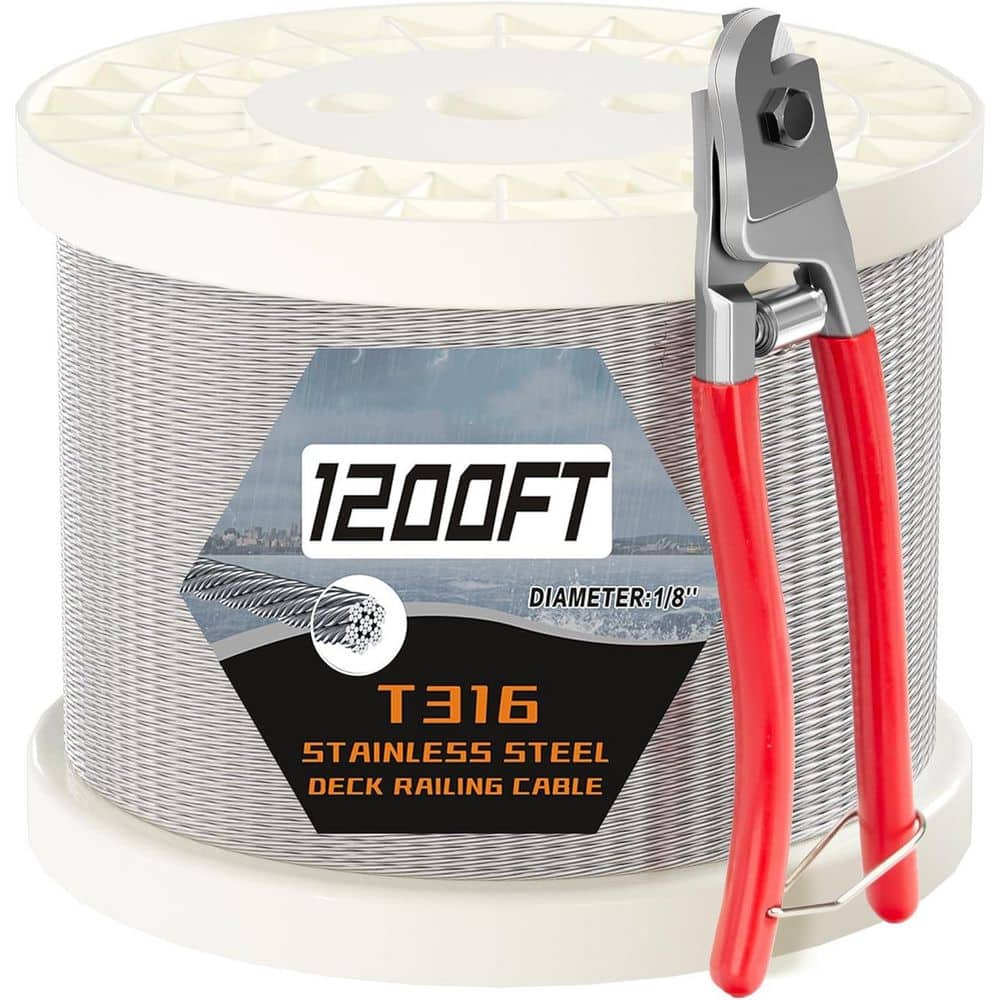 Afoxsos 1200FT 1/8 T316 Stainless Steel Cable Railing Aircraft Wire Rope with Cutter Uncoated 7x7 Insulated (1)