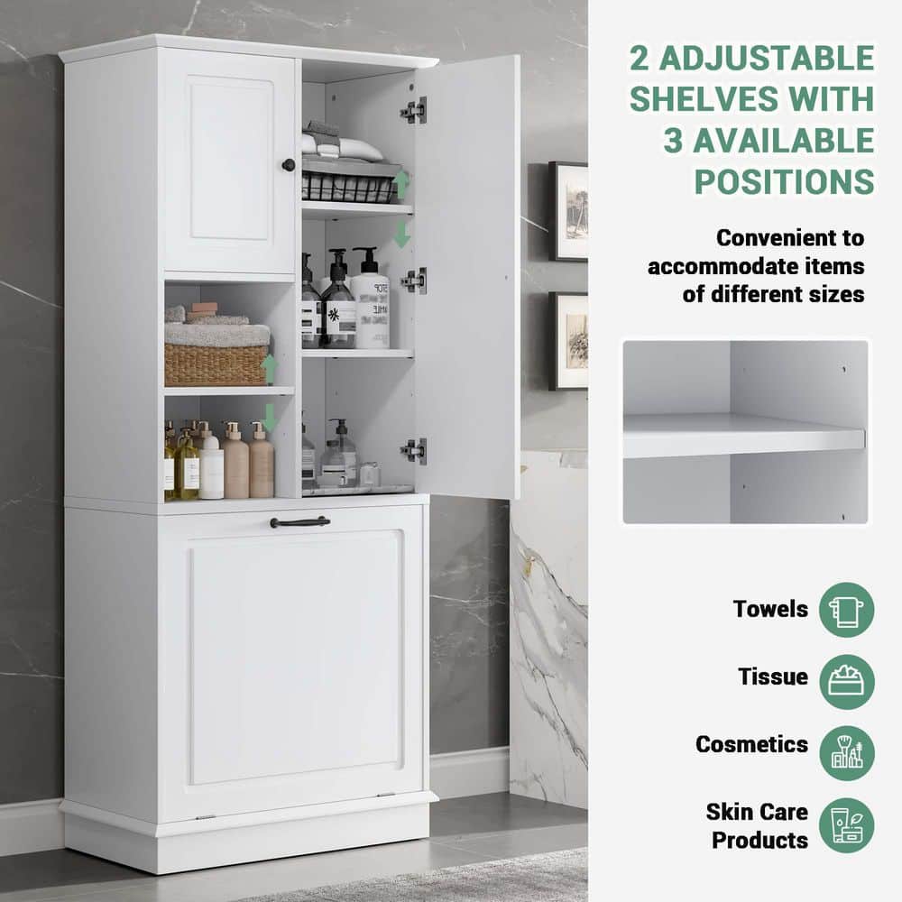 Bezeit 30 in. W 14.2 in. D 67.7 in. H Freestanding Linen Cabinet with Flip-Out Basket and Enclosed Cabinets (2)