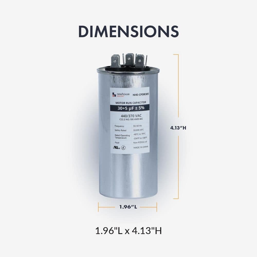 NEWHOUSE ELECTRIC Dual Run Capacitor 30/5 MFD 440/370 VAC for Air Conditioner and Heat Pump Systems, Round, Metal (3)