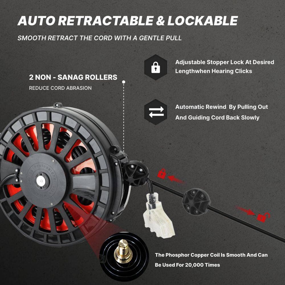 BIBIVIS 45 ft. 12 Gauge/3C 15 AMP SJTOW Retractable Extension Cord Reel with 3 Outlets, Heavy Duty Power Cord for Garage (3)