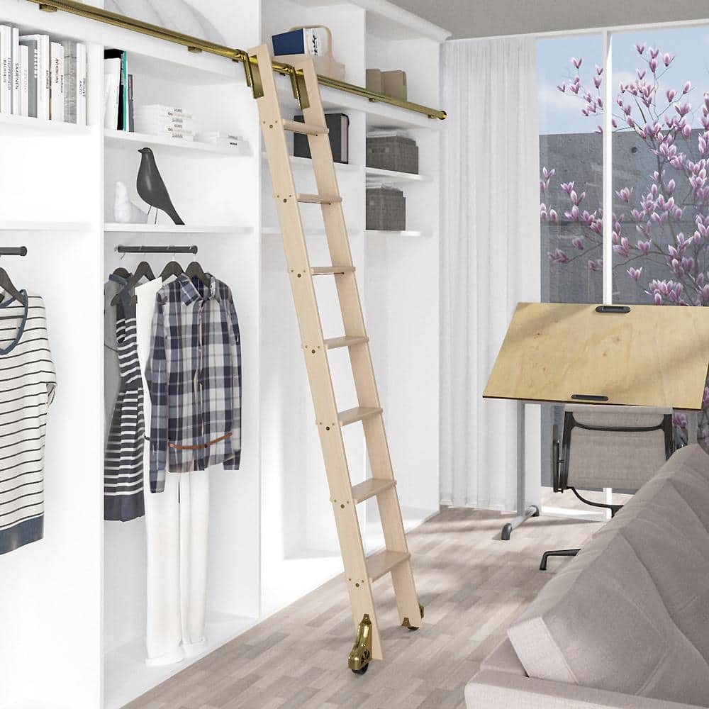 MEADOW LANE 92 in. Clear Pre-Finished Maple Library Ladder (104 in. Reach) Polished Brass Top Hook Ladder Kit with 12 ft. Rail (1)