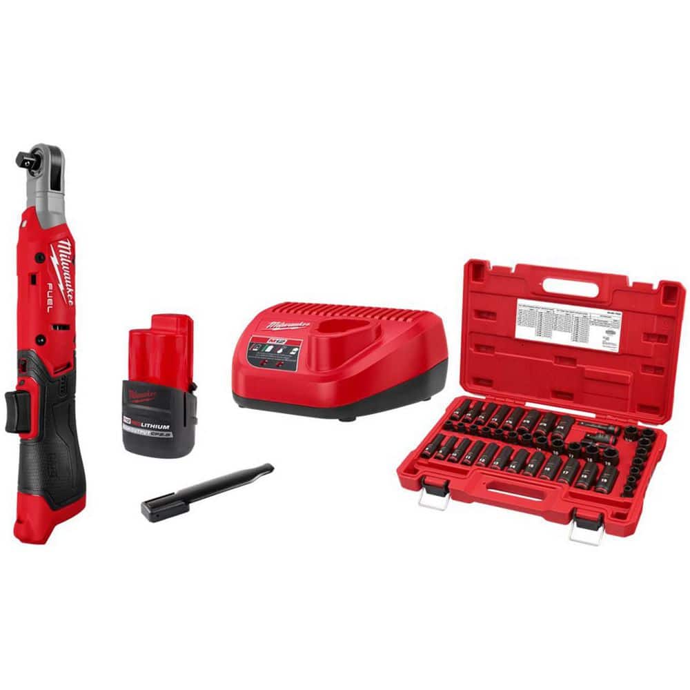Milwaukee M12 12V Lithium-Ion 3/8 in. Cordless Ratchet Kit with Battery, Charger and SAE and Metric Impact Socket Set (43-Piece)
