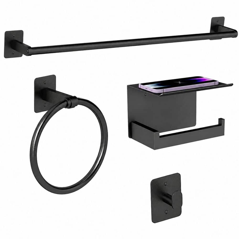 LAIFUCAM 4-Piece Bathroom Hardware Set with Towel Bar, Towel Ring, Hook, Toilet Paper Holder in Matte Black Finish (1)
