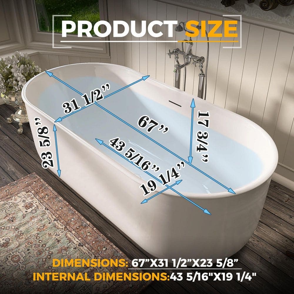 Adecab 67 in. x 31.5 in. Acrylic Freestanding Flatbottom Double Ended Soaking Bathtub in White (3)