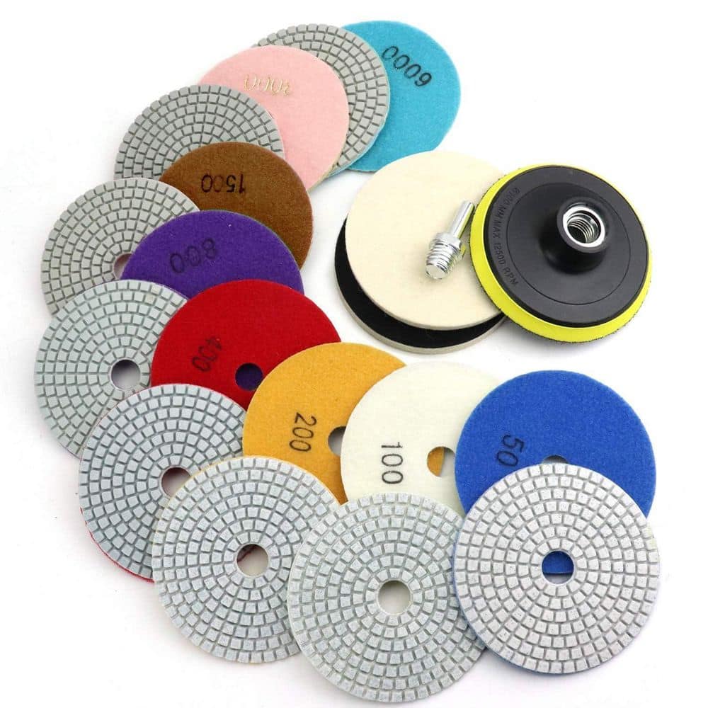 LAIFUCAM 4 Inch Diamond Resin Granite Polishing Pad Kit with Wet Dry Use for Marble Concrete Quartz Stone Countertop 12 Pack