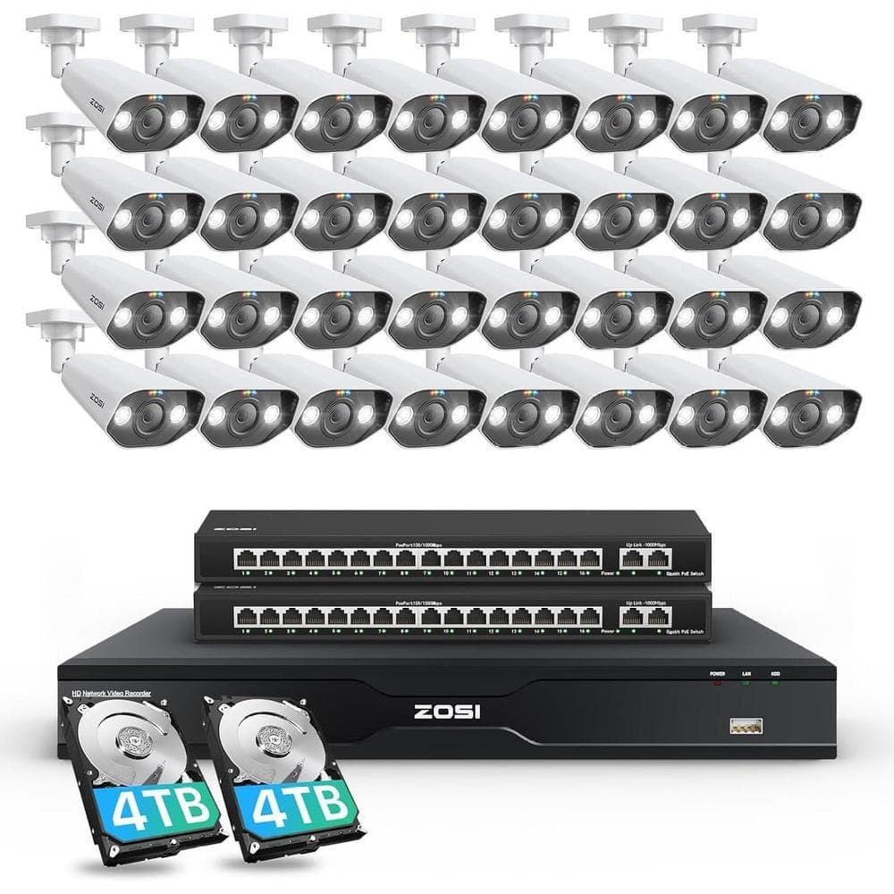 ZOSI 4K UHD 32-Channel 8TB POE NVR Home Security Camera System with 32 Wired 8MP Outdoor Bullet IP Surveillance Cameras (1)