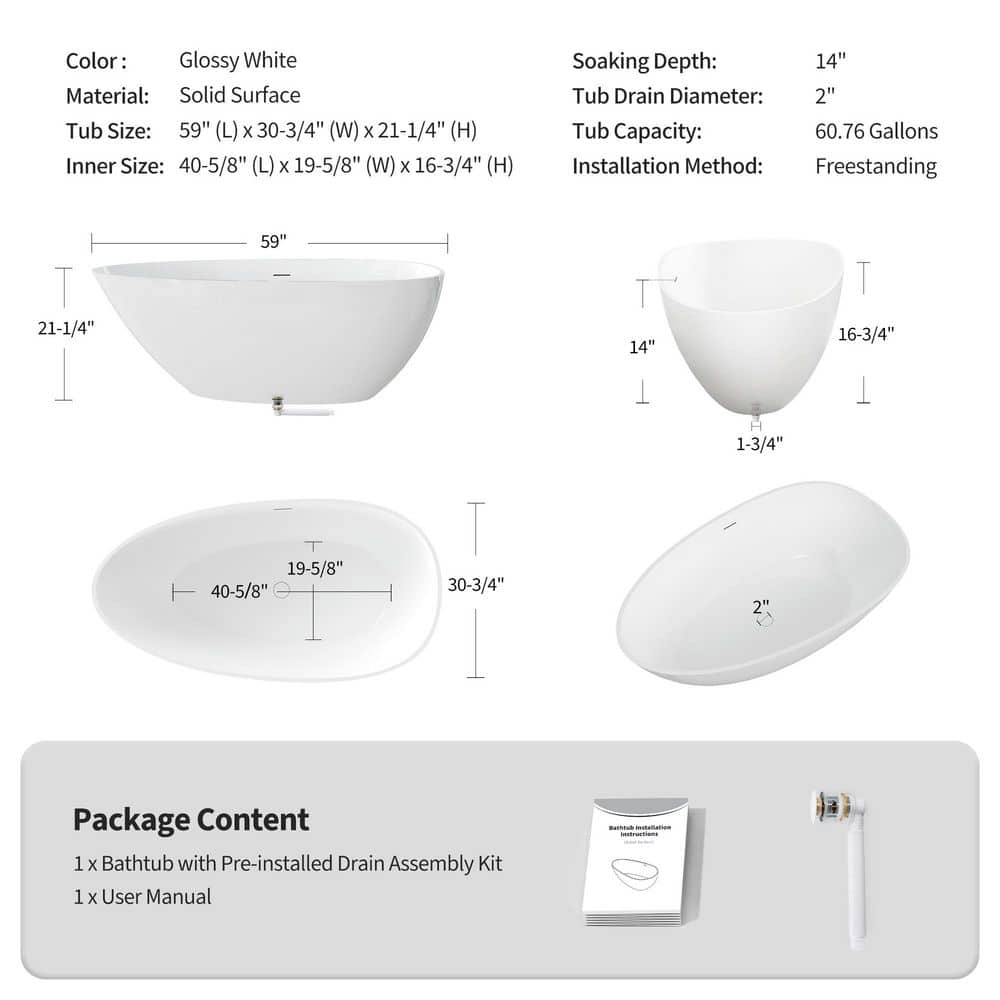 LIVACA 59.06 in. x 30.71 in. Soaking Solid Surface Freestanding Bathtub with Overflow and Pop-Up Drain in Glossy White (3)