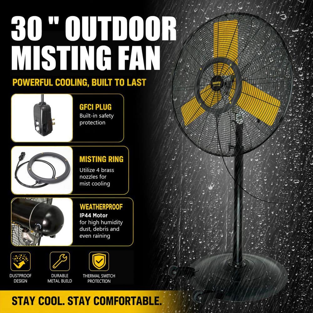 JEREMY CASS 30 in. 3-Speed 8800 CFM 1/4HP Motor Oscillating High Velocity Outdoor Misting Pedestal Fan with IP44 Waterproof (3)
