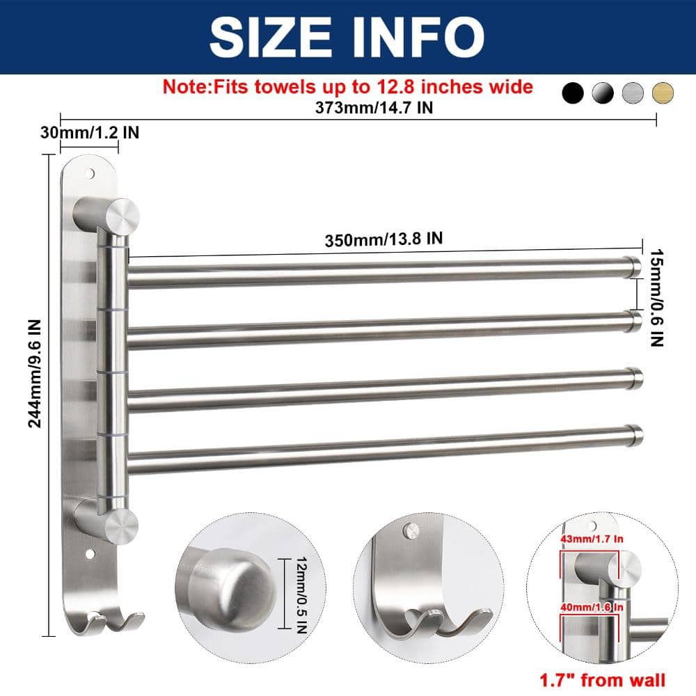 Unbranded Swivel 4 Arm Towel Rack Wall Mount 14.7 in L x 9.6 in H 304 Stainless Steel Brushed Nickel Satin Finish (2)
