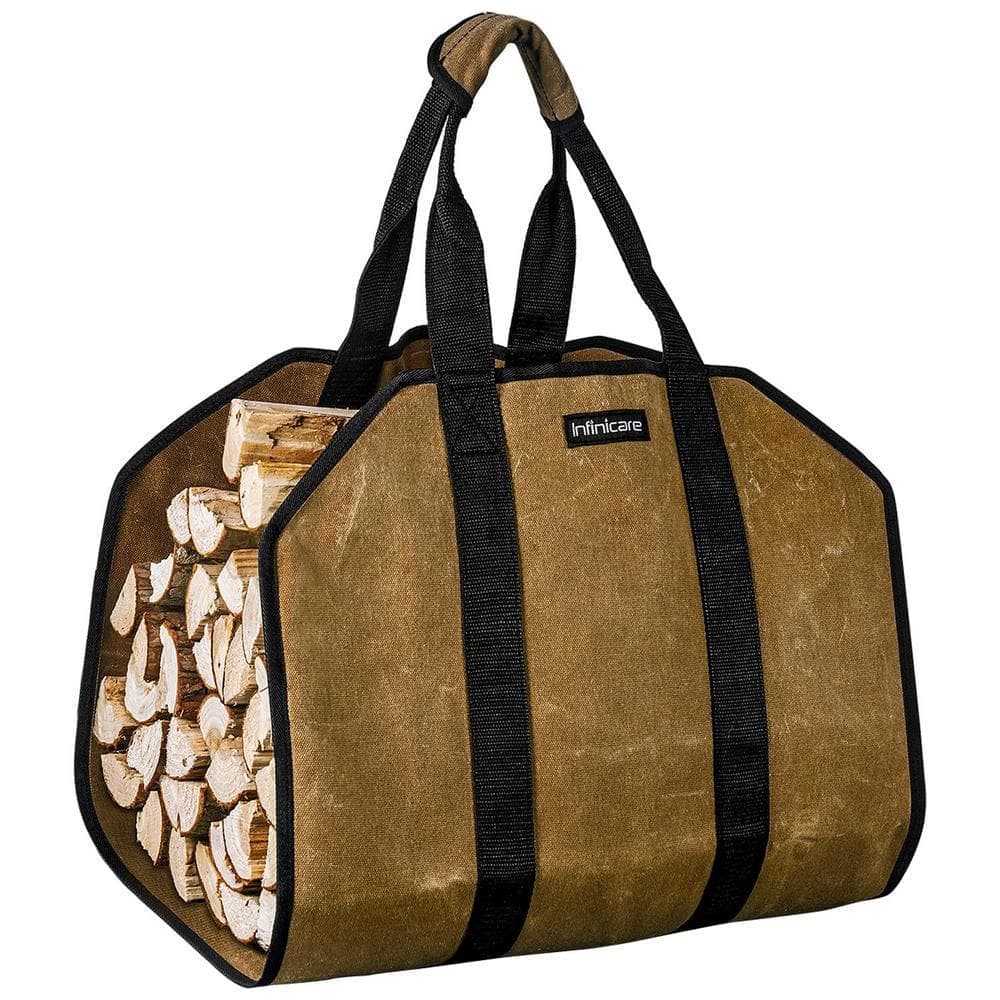 Angel Sar Brown Heavy Duty Canvas Firewood Carrier Bag with Handles for Easy Transport and Outdoor Camping Adventures (1)
