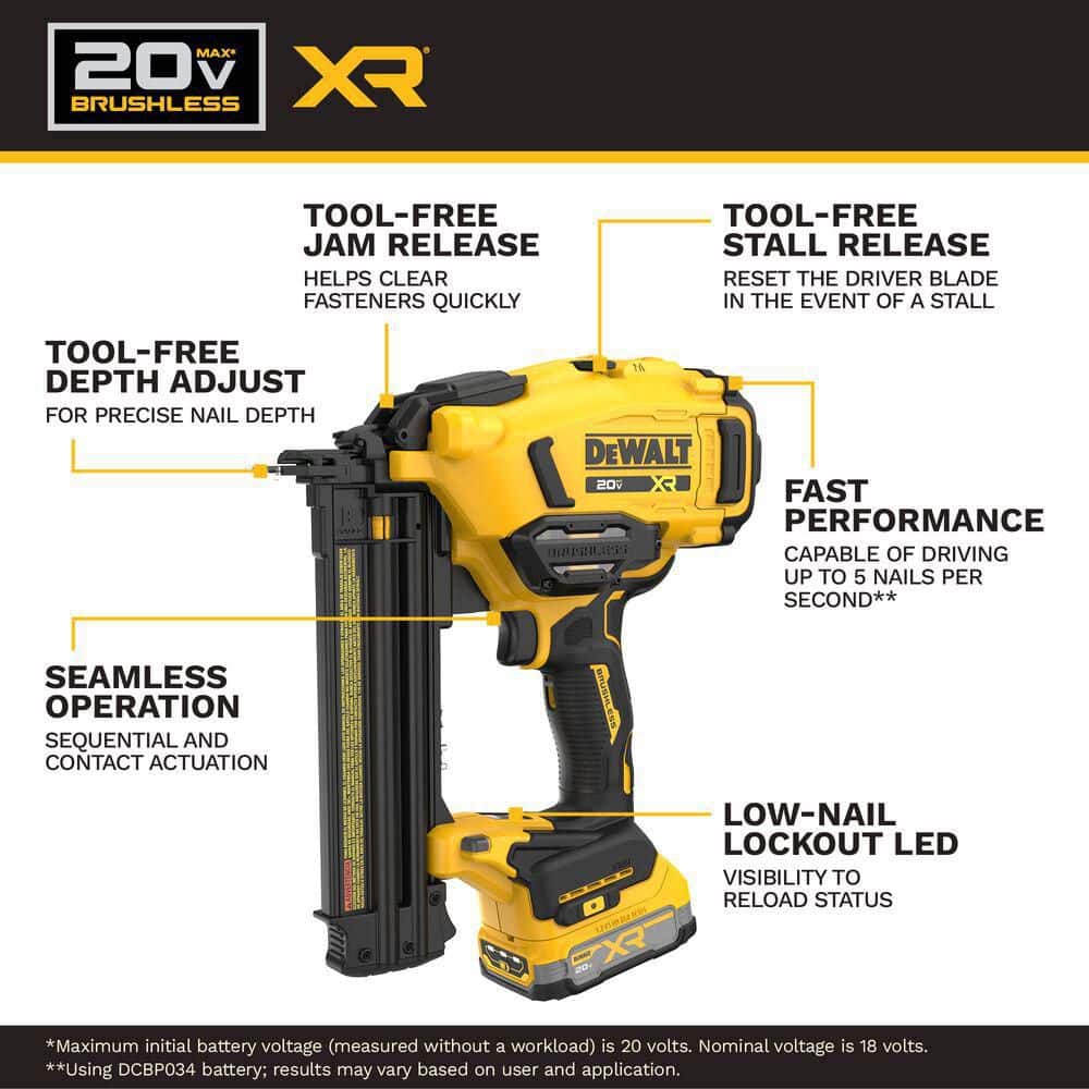 DEWALT 20V XR 18 Gauge Brushless Cordless 2 in. Brad Nailer Kit with POWERSTACK 1.7 Ah Battery, Charger, Tool Connect and Bag (3)