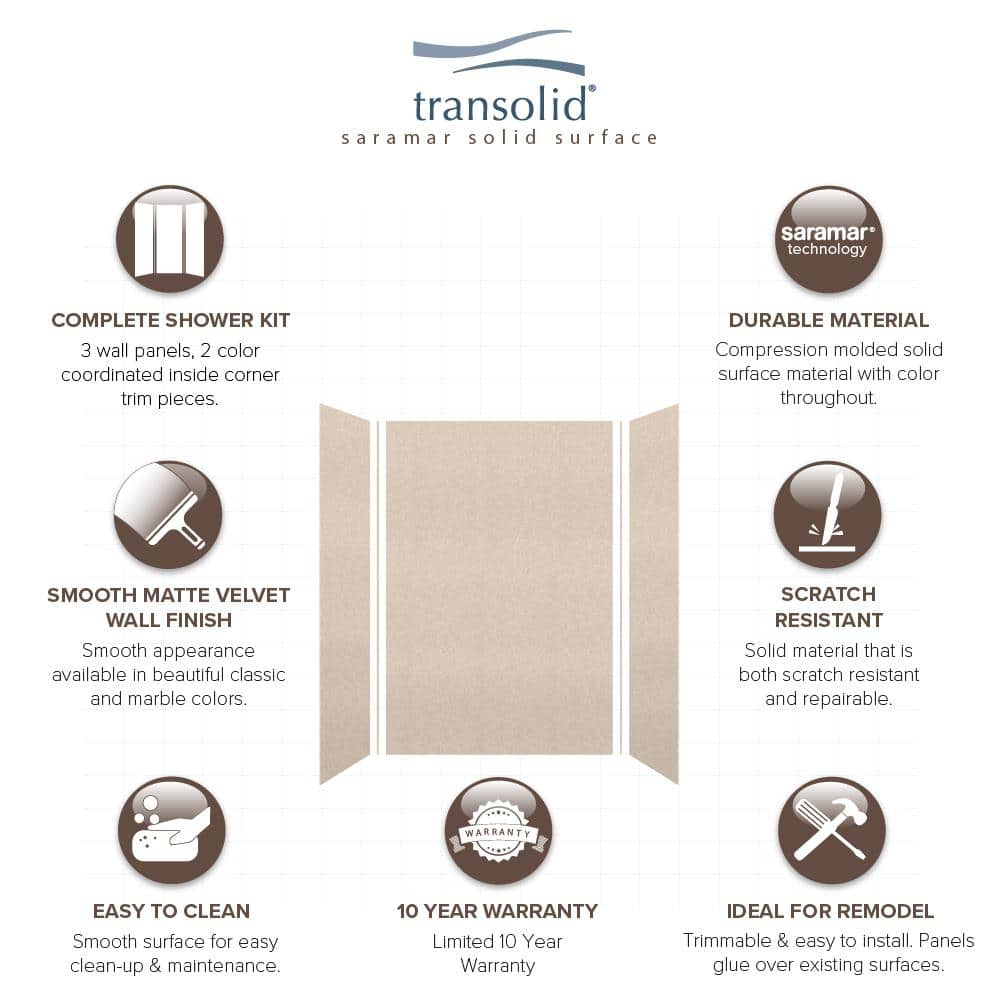 Transolid Saramar 48 in. W x 72 in. H x 36 in. D 3-Piece Glue to Wall Alcove Shower Wall Kit in Cashew Velvet (3)