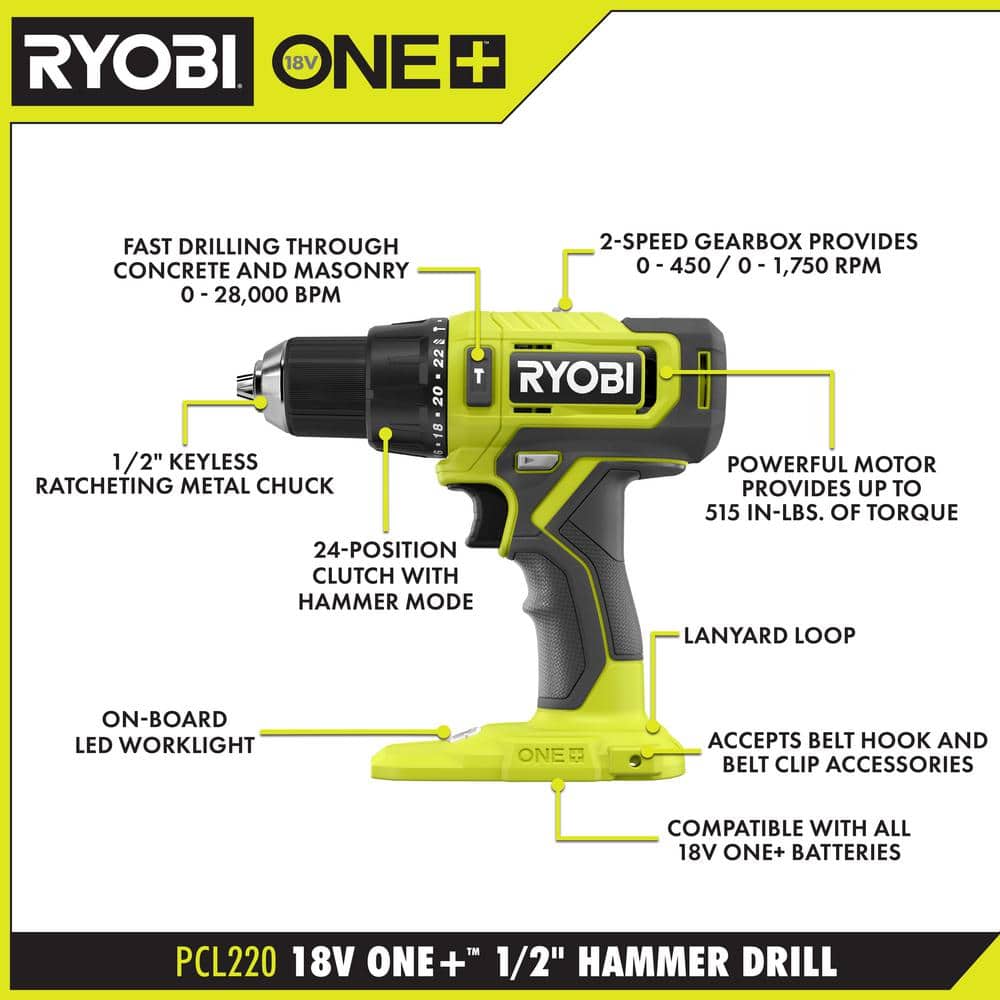 RYOBI ONE+ 18V Cordless 1/2 in. Hammer Drill (3)