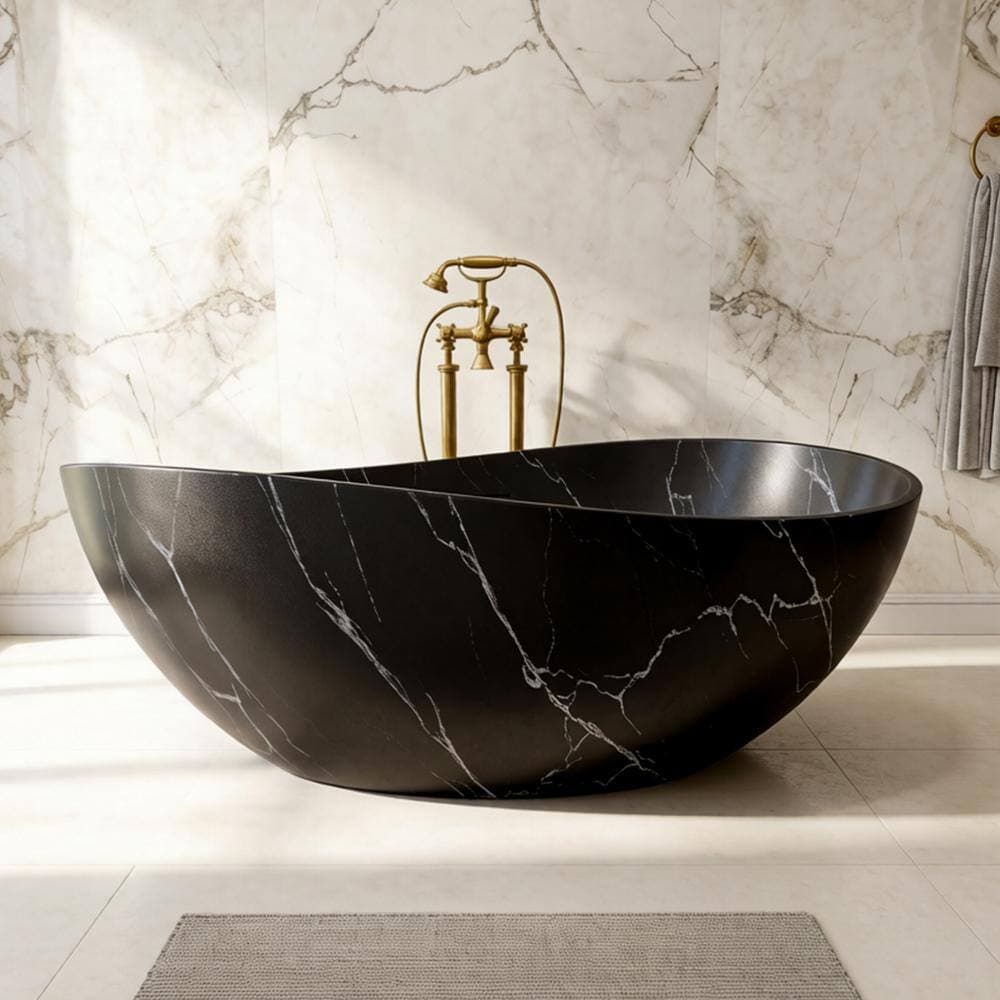 PEACEBAY 63 in. Solid Surface Oval Freestanding Soaking Bathtub with Wave Rim in Matte Black Marquina Marble Look (2)