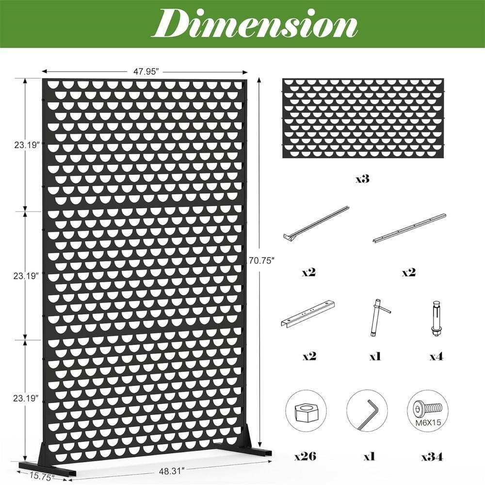 Unbranded 4 ft. x 6 ft. Black Galvanized Steel Semi-Circular Privacy Screens, Decorative Privacy Screen Panels for Balcony Patio (2)