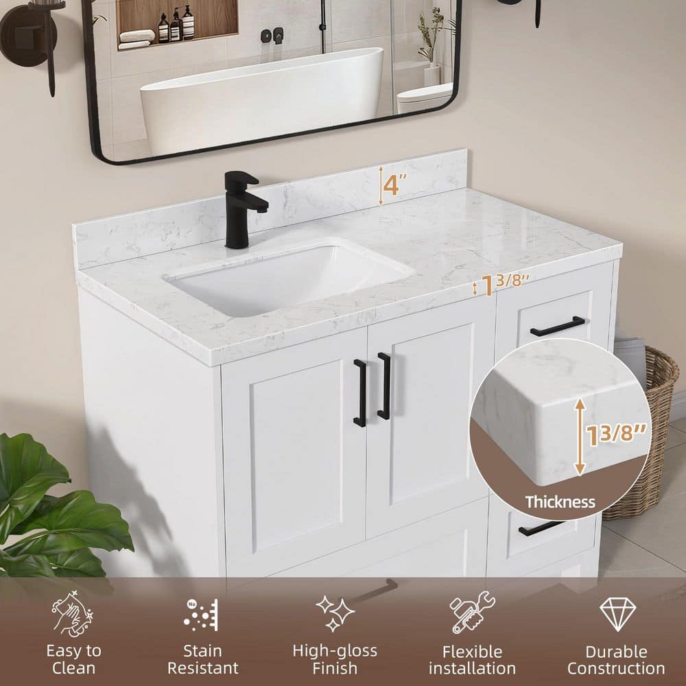Zeafive Kar 42.5 in. W x 22 in. D Engineered Stone White Rectangular Single Sink Bathroom Vanity Top in Carrara White (3)
