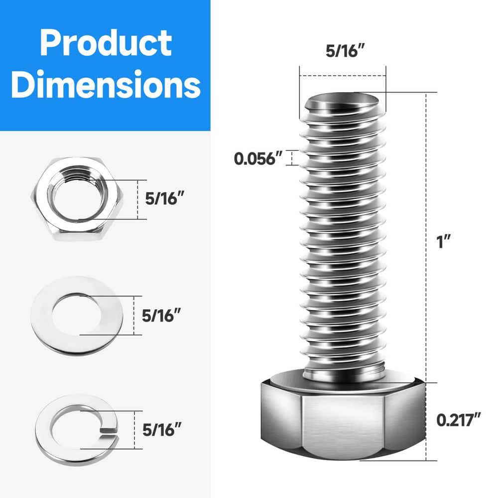 MarySino 5/16 in. -18 x 1 in. 304 Stainless Steel Hex Bolt (12-Pack) (2)