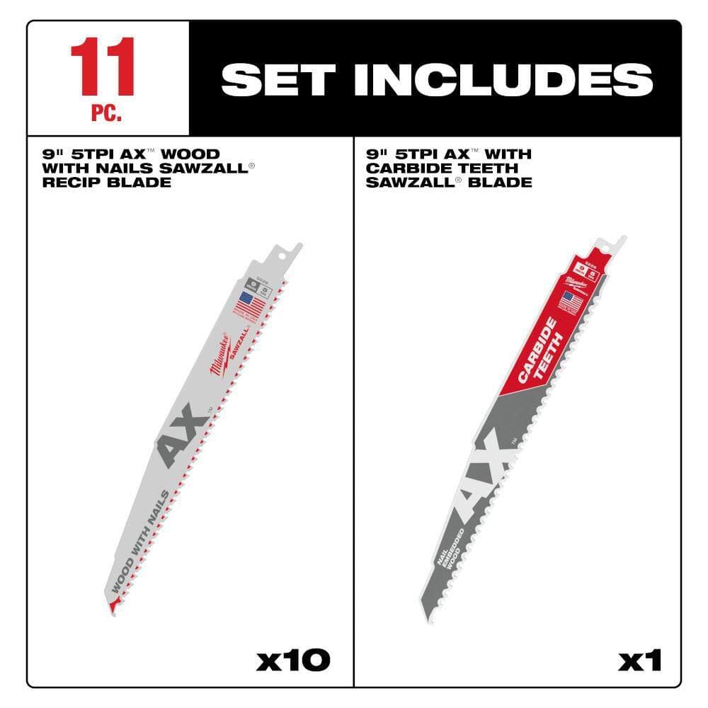 Milwaukee 9 in. 5 TPI AX Nail-Embedded Wood Cutting SAWZALL Reciprocating Saw Blades (10-Pack) & 9 in. 5 TPI AX Carbide Blade (2)