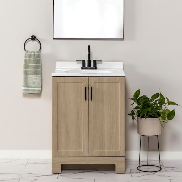 Glacier Bay Oakley 25 in. Single Sink Beige Oak Freestanding Bath Vanity with White Cultured Marble Top (Assembled)