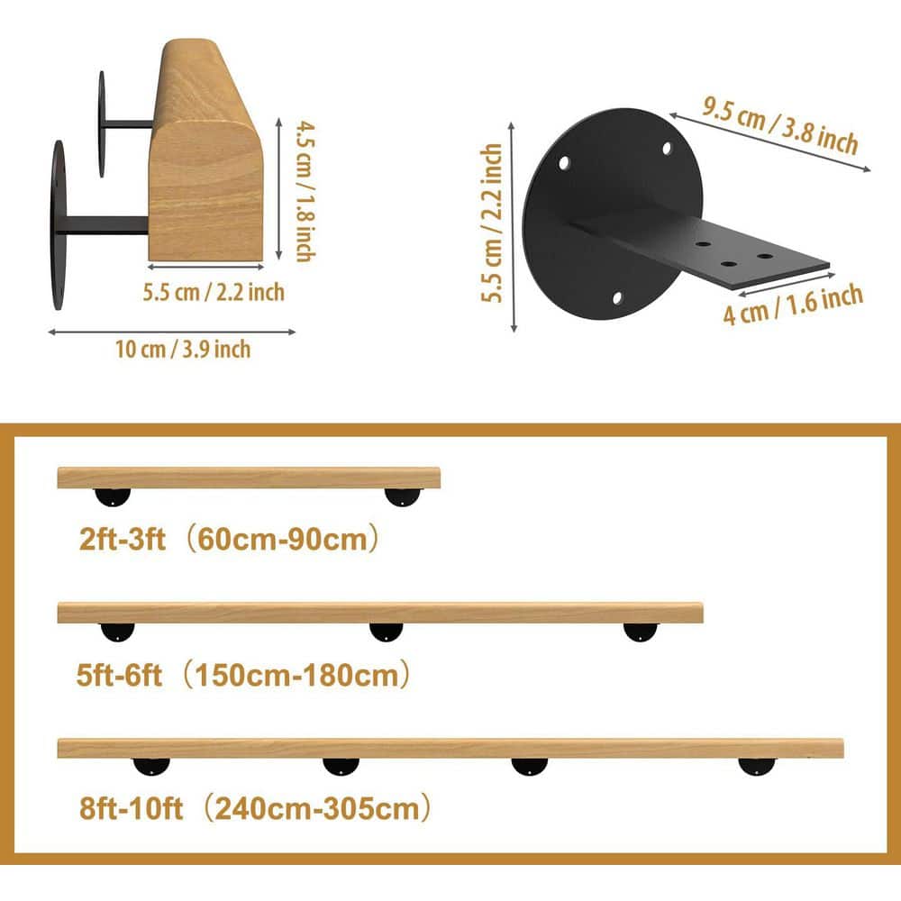 Unbranded 3 ft. Natural Wood Pine Handrail Indoor Outdoor Wall Mount Non-Slip Sturdy Stair Railing with Metal Brackets Kit (3)