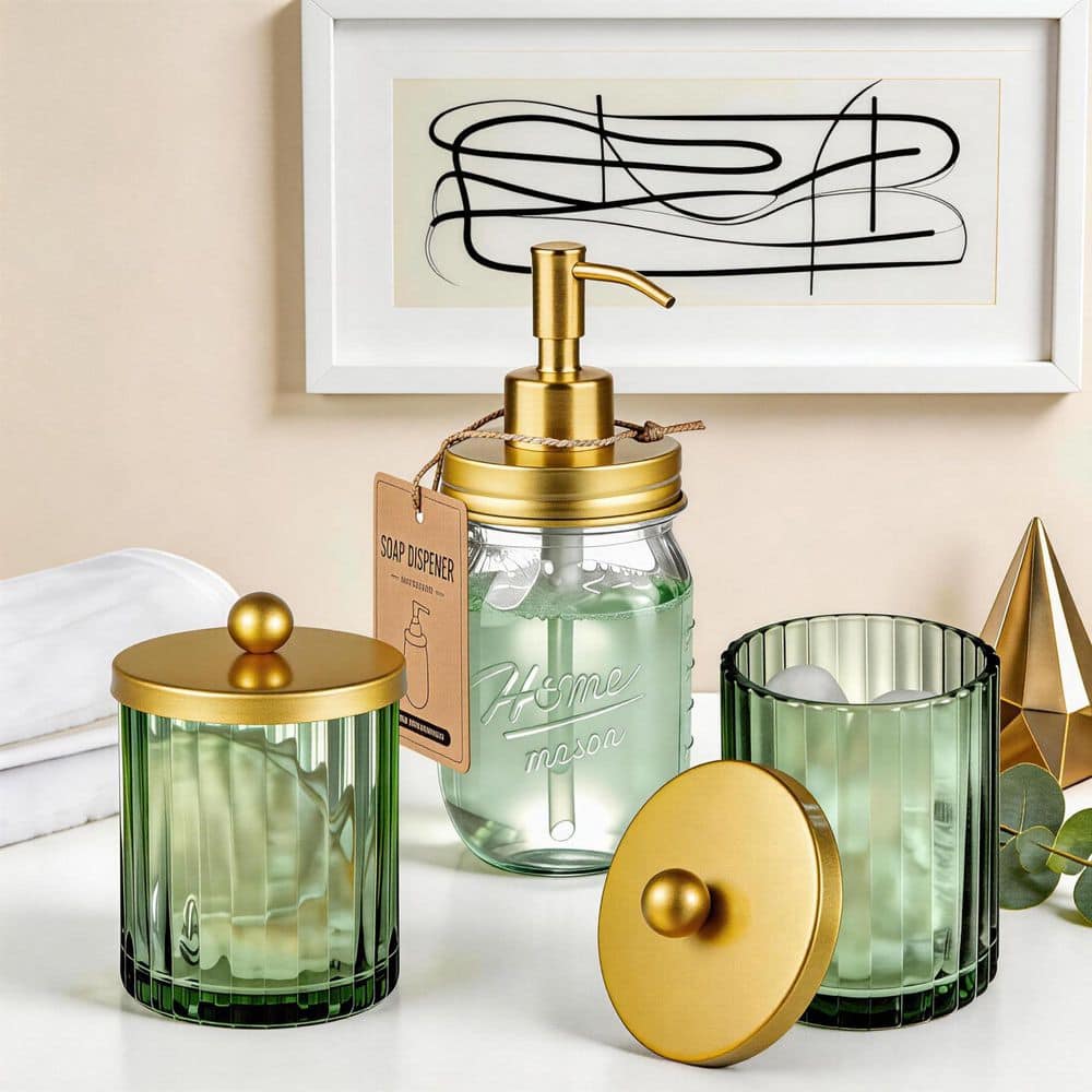 KHKFY 4-Pack Glass Apothecary Bathroom Storage Jars with Gold Metal Lids for Cotton Swabs Vanity in Sage Green (2)