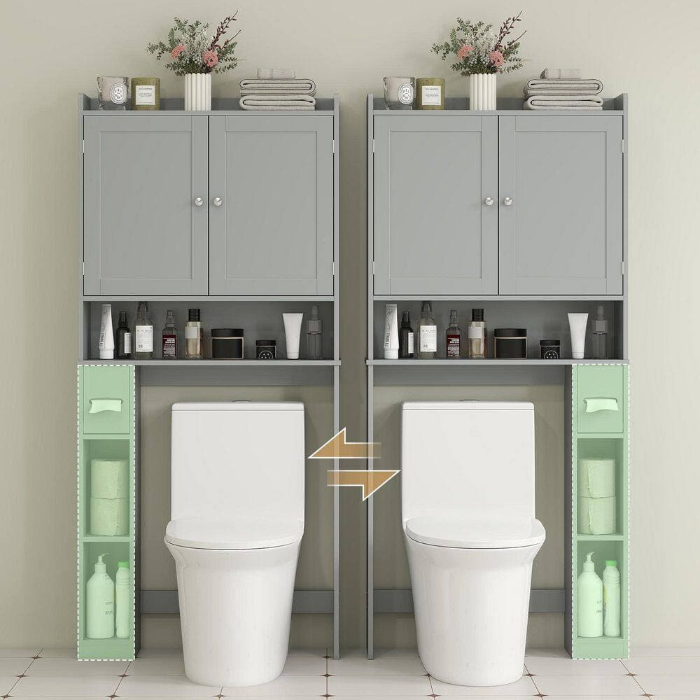 Buruis 31.5 in. W x 66.9 in. H x 7.7 in. D Gray Over The Toilet Storage with Doors and Toilet Paper Holder (3)
