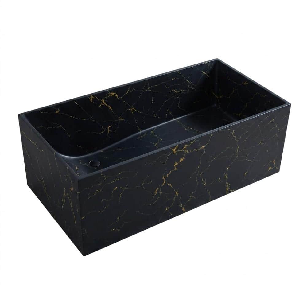 POCCI&VANCCI 67 in. Freestanding Solid Surface Flatbottom Rectangular Soaking Bathtub in Black Marble Pattern with Gold Veining (1)