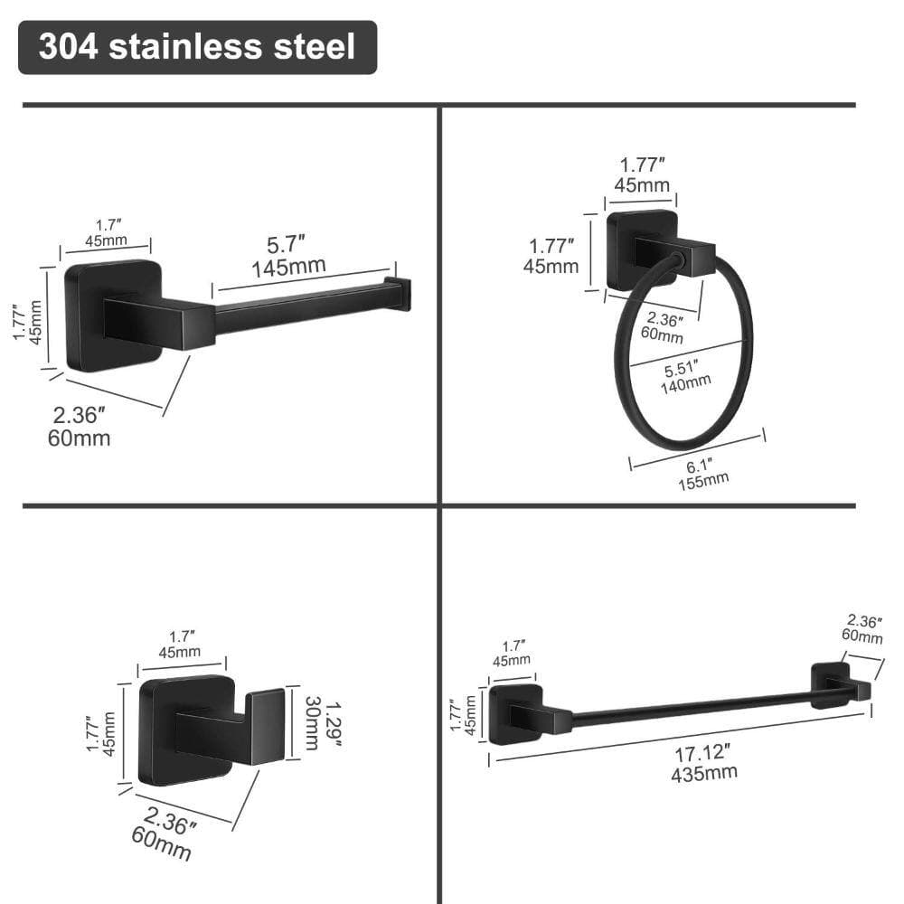Unbranded Matte Black 4-Piece Towel Hardware Set: 17 in Bar, Ring, Hooks & Toilet Paper Holder for Bathroom kit (2)