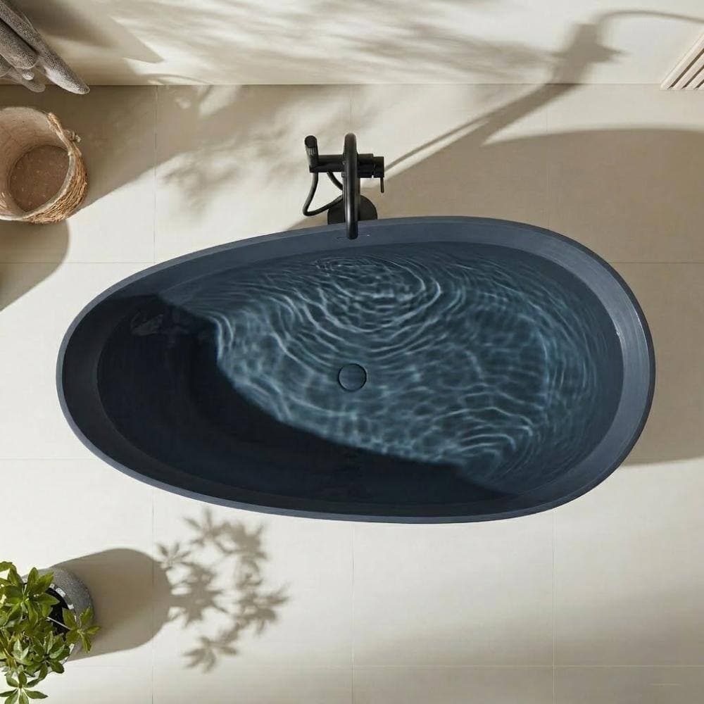 POCCI&VANCCI 67 in. Freestanding Solid Surface Flatbottom Oval Soaking Bathtub in Textured Concrete Gray (3)