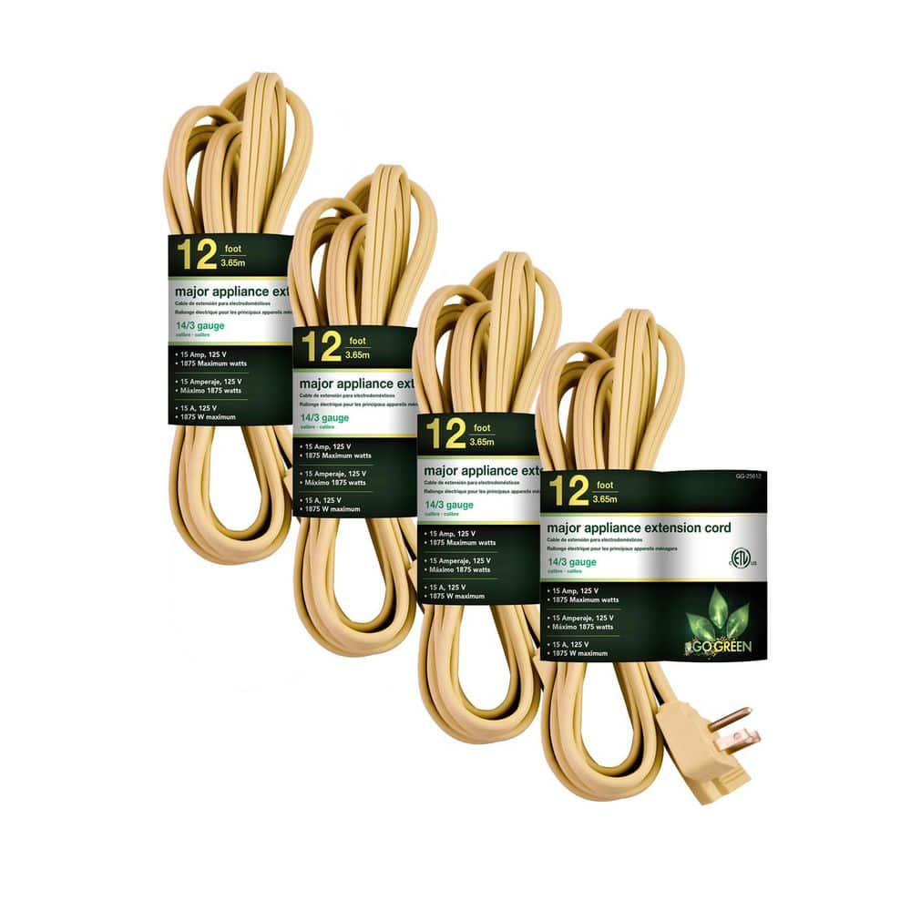 GoGreen Power (G-25612-4) 12 ft. 14/3 Indoor Appliance Extension Cord, Beige, 4 PACK (1)