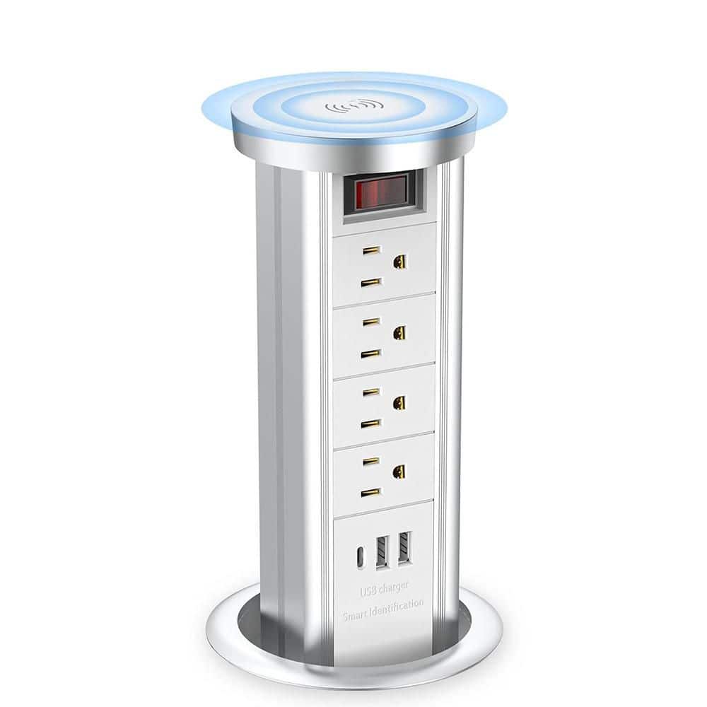 Unbranded Countertop Pop Up Outlet Aluminum Power Strip with USB C and 4 AC Outlet 10-Watt Wireless Charger Retractable Design