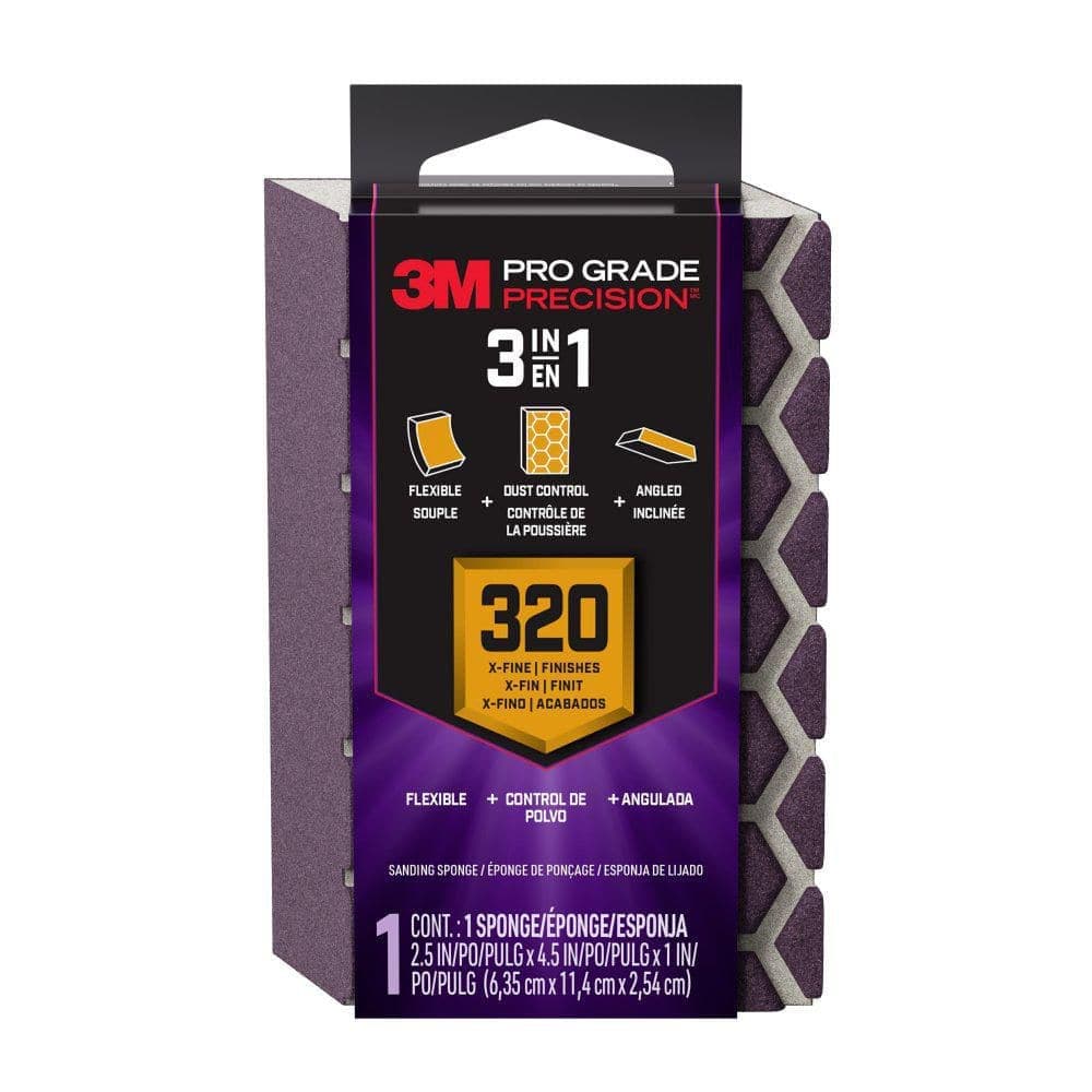 3M Pro Grade Precision 2.5 in. x 4.5 in. x 1 in. Extra Fine 320 Grit 3-in-1 Sanding Sponge (1-Pack) (2)