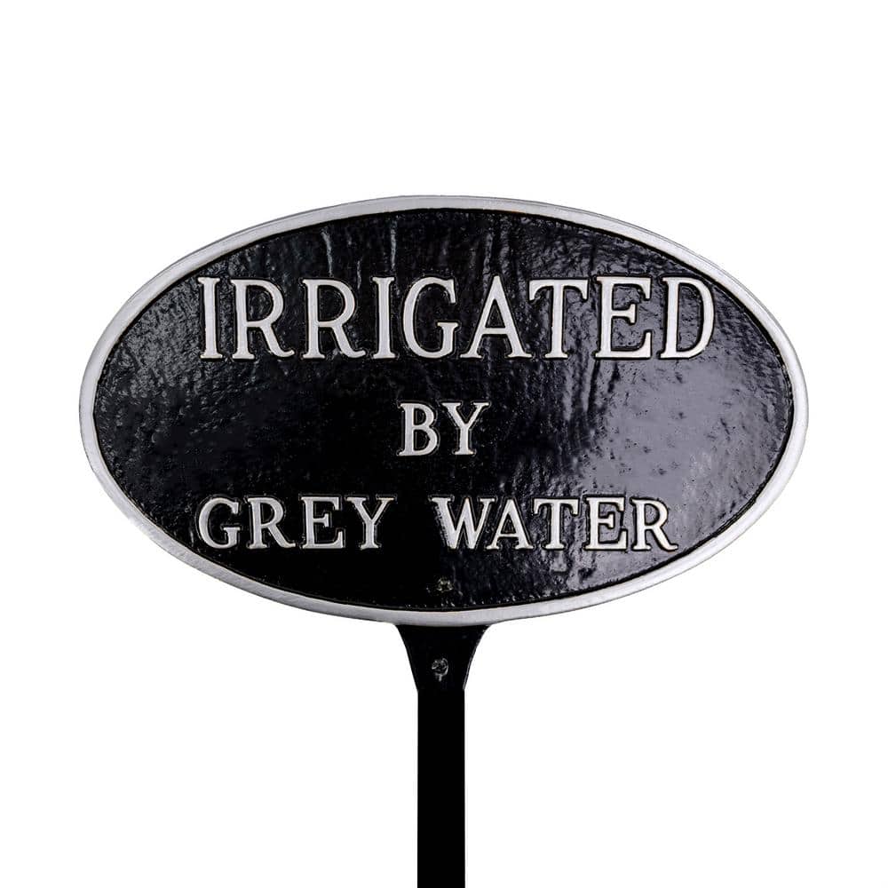 Montague Metal Products 8.5 in. x 13 in. Standard Oval Irrigated By Grey Water Statement Plaque Sign with Lawn Stake - Black/Silver