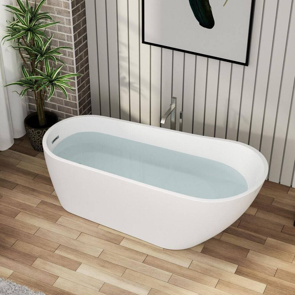 LuckByte 67 in. x 29.5 in. Soaking Acrylic Freestanding Bathtub with Chrome Overflow and Drain in White (2)