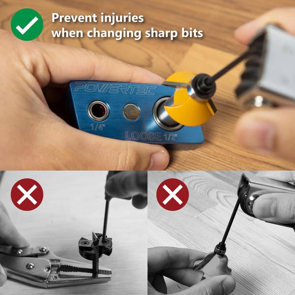 ‎POWERTEC Router Bit Vise Magnetic, Router Bit Holder, 1/4 in. and 1/2 in. Shank with 1-Way Bearing, Router Bit Vice Storage (2)