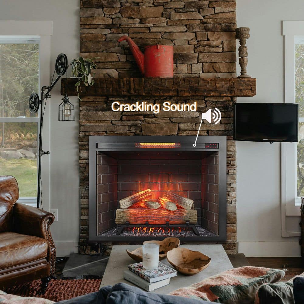 Clihome 33 in. W x 9.4 in. D Infrared Electric Fireplace Insert with Crackling Sound 1500W Heater Hardwired or Plug In (2)