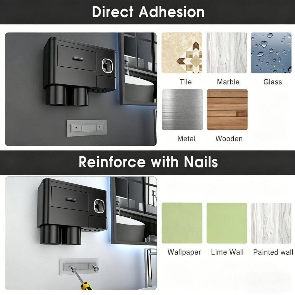 Numhew 1-Pack Wall Mounted Toothbrush Holder with 2 Cups Large Capacity Tray in Black for Bathroom Vanity Decor Storage (3)