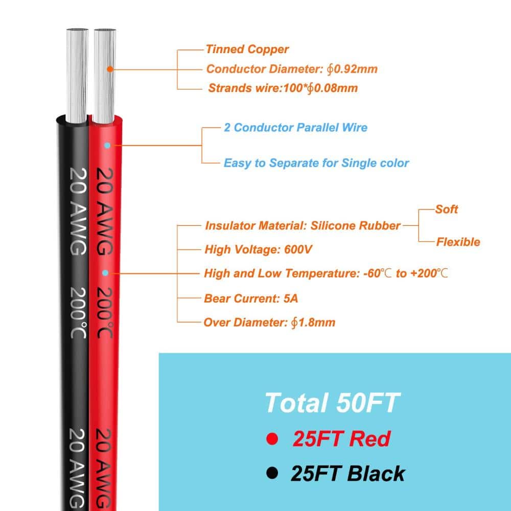 Unbranded 20 AWG Silicone Electrical Wire 2 Conductor 50 Ft Black and Red Flexible Tinned Copper Hook Up Wire 600V (2)