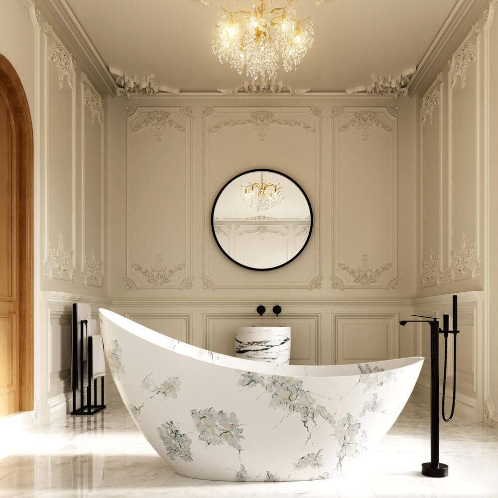 CASAINC 73.491 in. x 31.44 in. Solid Surface Soaking Bathtub in White with Ink-Wash Marble Veining, Moon-Shaped Design (2)