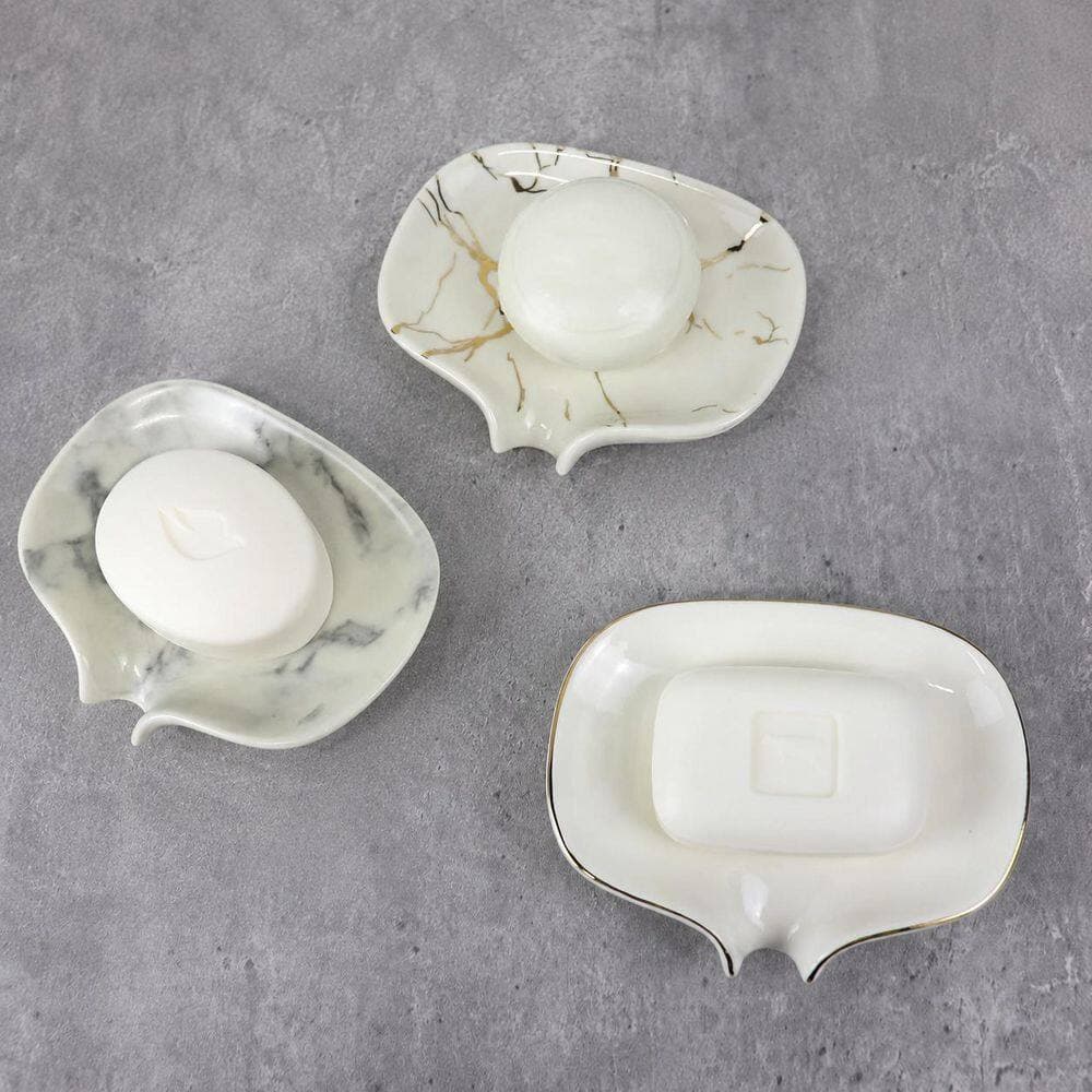 Unbranded 1 Pack White Ceramic Self Draining Waterfall Soap Dish with Gold Edge for Bathroom Kitchen Bar Counter (2)