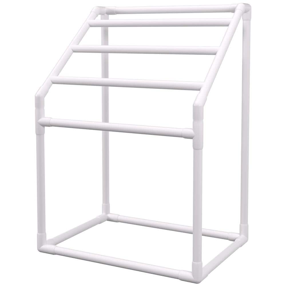 Bunpeony Freestanding Outdoor Pool Towel Rack 5 Bars 37 x 24 x 50 in. White PVC Towel Stand Clips Hook and Mesh Bag (2)