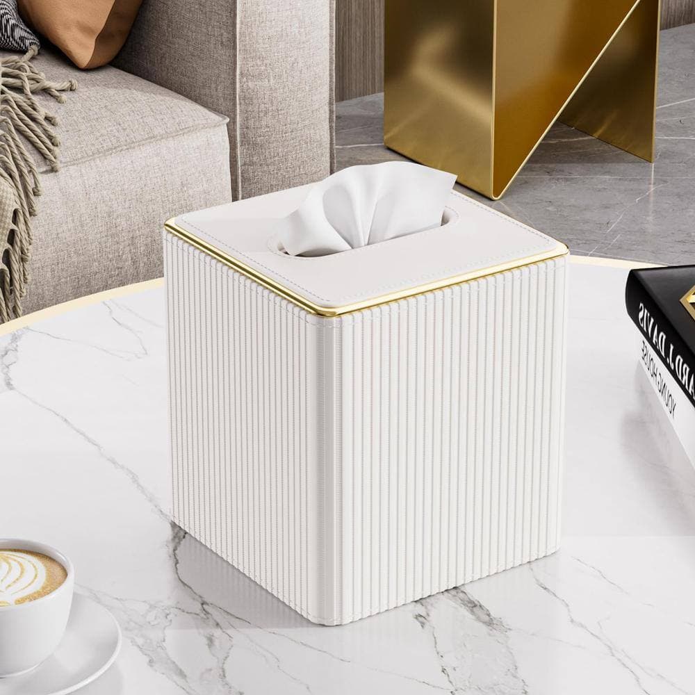 Unbranded PU Leather Tissue Box Cover Square with Gold Tone Edging for Cube Box Fits 5.5 x 5.5 x 5.9 in Cream White (2)