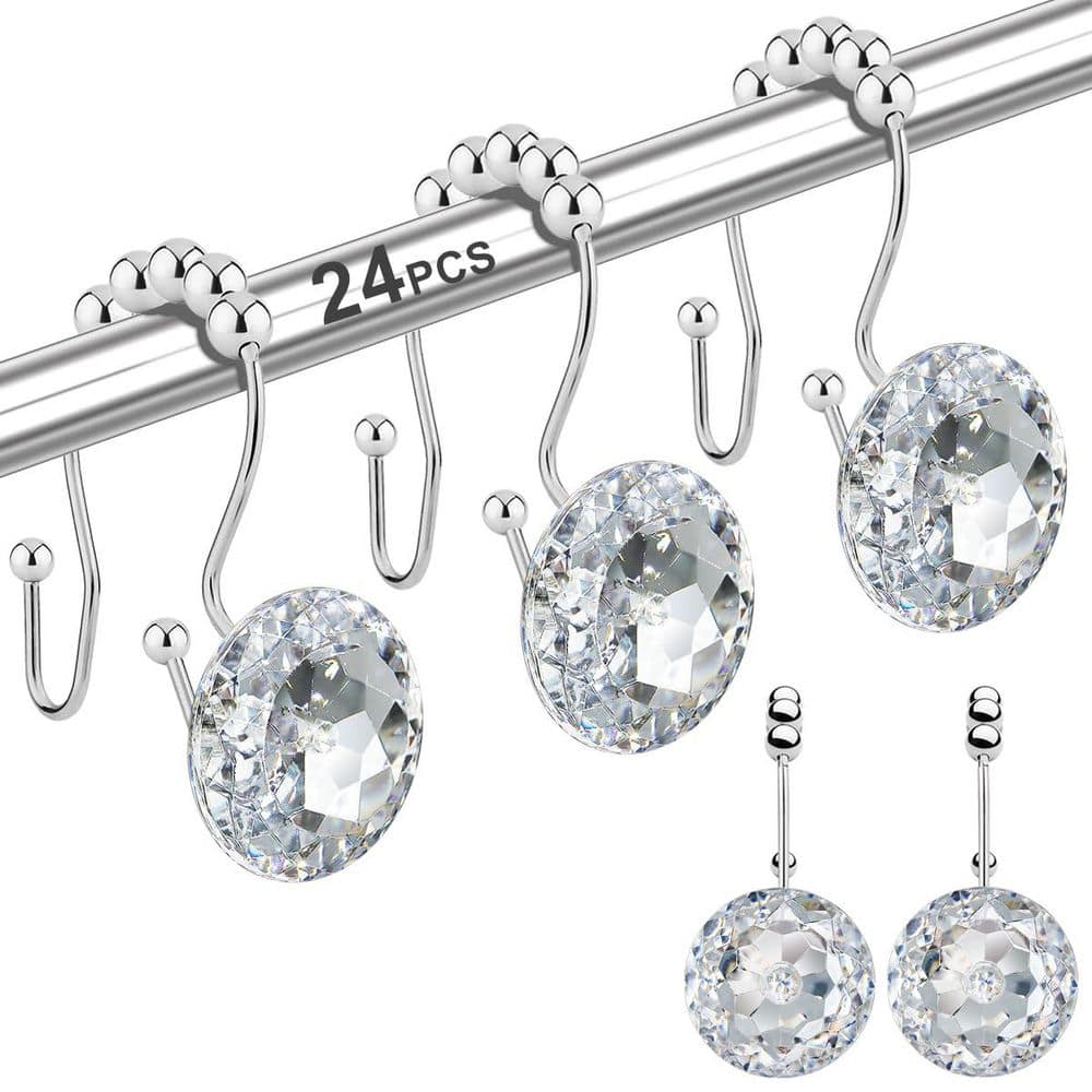 KHKFY Clear Shower Curtain Rings and Hooks, 12 pcs, Double Glide Rust-Resistant Crystal Rhinestone Hangers,