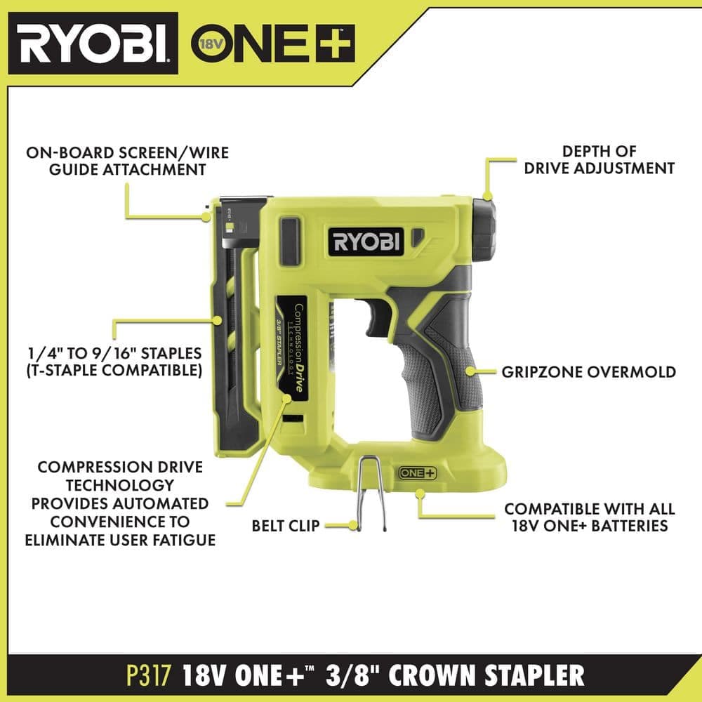 RYOBI ONE+ 18V Cordless Compression Drive 3/8 in. Crown Stapler Kit with 2.0 Ah Battery and Charger (3)