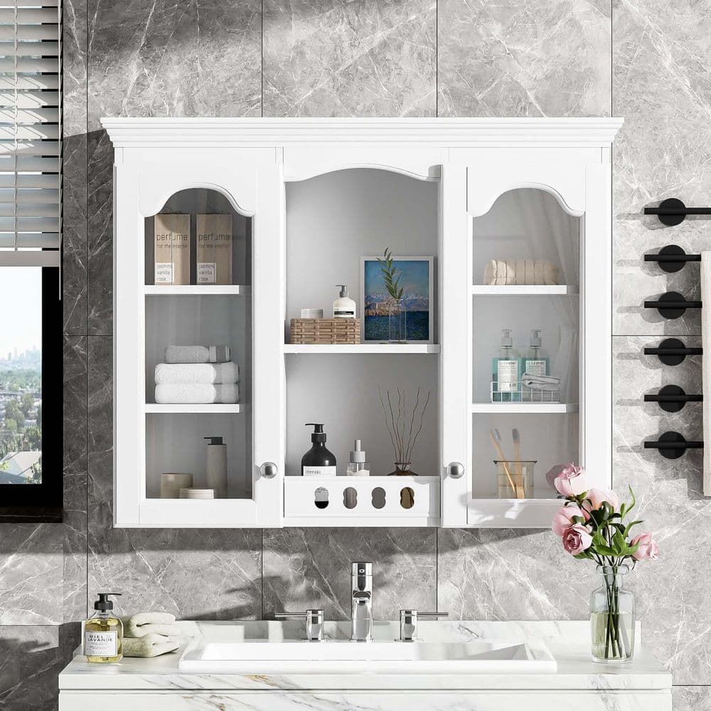 Unbranded 35 in. W x 7 in.D x 28 in.H Medicine Cabinet with Mirror, Bathroom Storage Wall Cabinet with Adjustable Shelves in White (3)