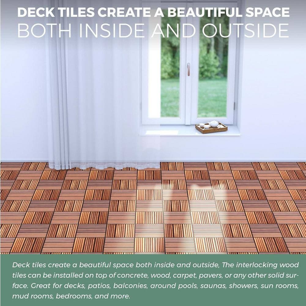 Afoxsos 1 ft. x 1 ft. Straight Groove Acacia Wood Interlocking Deck Tiles Waterproof All Weather for Patio in Brown-(10-Pack) (3)