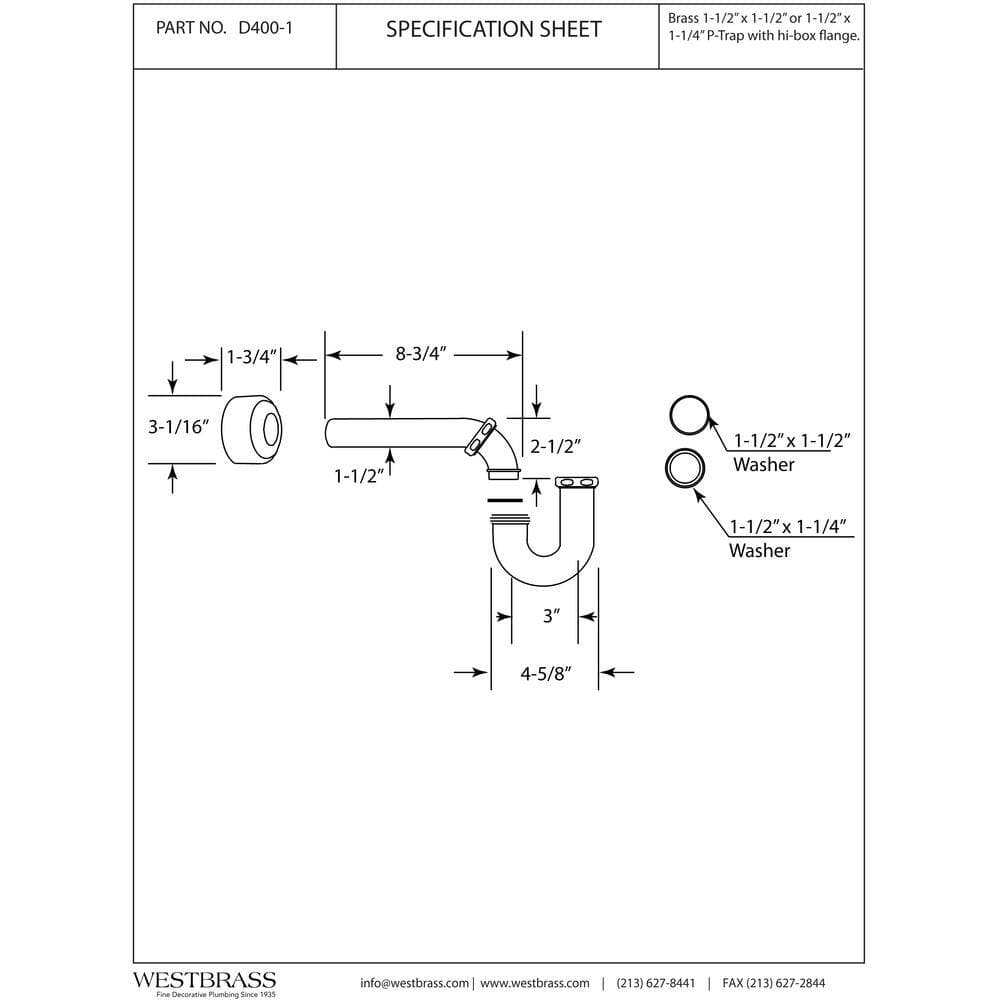Westbrass 1-1/2 in. OD 17-Gauge Brass P-Trap with High Box Flange (2)