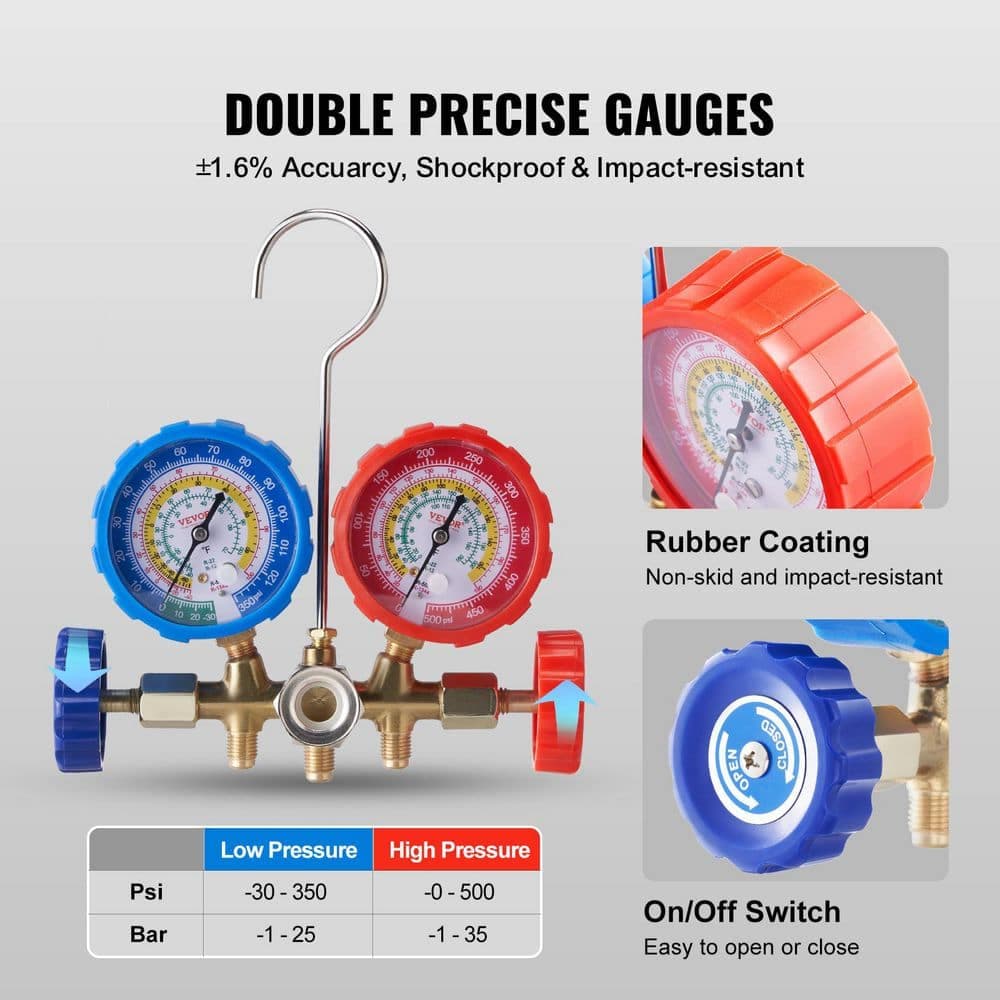 SKYSHALO 3-Way AC Manifold Gauge Set for R134A, R22, R12, R502, 5 ft. Hoses, Couplers, Can Tap for Car Freon Charging (3)
